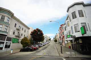 foto,tela,gratis,paisaje,fotografía,idea,De acuerdo con San Francisco, Pendiente, Automóvil, Cielo azul, Hilera de casas a lo largo de una calle de ciudad