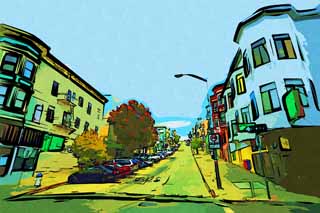 illust,tela,gratis,paisaje,fotografía,idea,pintura,Lápiz de color,dibujo,De acuerdo con San Francisco, Pendiente, Automóvil, Cielo azul, Hilera de casas a lo largo de una calle de ciudad