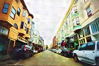 illust,tela,gratis,paisaje,fotografía,idea,pintura,Lápiz de color,dibujo,De acuerdo con San Francisco, Pendiente, Automóvil, Mirador, Hilera de casas a lo largo de una calle de ciudad