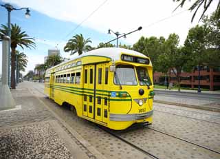 foto,tela,gratis,paisaje,fotografía,idea,Un tranvía, Póngase amarillo, Tranvía, Árbol de zona lateral de camino, Pista