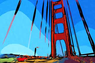 illust,tela,gratis,paisaje,fotografía,idea,pintura,Lápiz de color,dibujo,Uno Golden Gate Bridge, El Golden Gate Bridge, Los estrechos, Autopista, Atracción turística