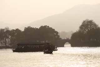 photo, la matière, libre, aménage, décrivez, photo de la réserve,Xi-hu lac, bateau, Saiko, silhouette, ridgeline