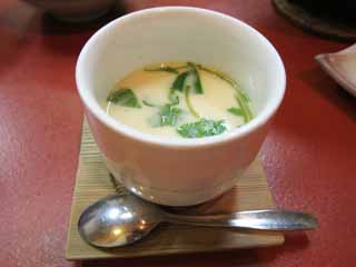 photo, la matière, libre, aménage, décrivez, photo de la réserve,Un flan-comme l'oeuf et plat de légume ont cuit à la vapeur dans une tasse, Nourriture japonaise, Un oeuf, Honewort, bol