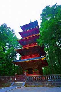 illust, matière, libre, paysage, image, le tableau, crayon de la couleur, colorie, en tirant,Cinq pagode Storeyed de Tosho-gu temple, Tosho-gu Temple, Cinq pagode Storeyed, Je suis rouge du cinabre, patrimoine de l'humanité