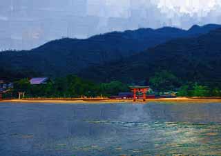 illust, matière, libre, paysage, image, le tableau, crayon de la couleur, colorie, en tirant,Temple Itsukushima-jinja, L'héritage culturel de Monde, Otorii, Temple shintoïste, Je suis rouge du cinabre