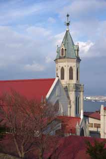 photo, la matière, libre, aménage, décrivez, photo de la réserve,Motomachi catholique église, Christianisme, église, port, toit rouge