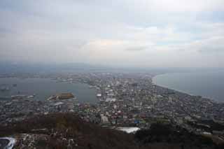 photo, la matière, libre, aménage, décrivez, photo de la réserve,Décor de Mt. Hakodate-yama, construire, Un observatoire, Ligne de maisons le long d'une rue de ville, ville de port