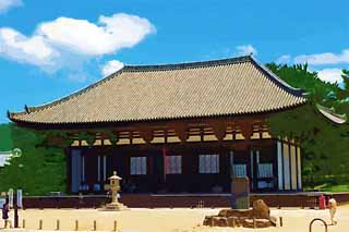 illust, matière, libre, paysage, image, le tableau, crayon de la couleur, colorie, en tirant,Temple Kofuku-ji temple Togane, Bouddhisme, bâtiment en bois, toit, patrimoine de l'humanité