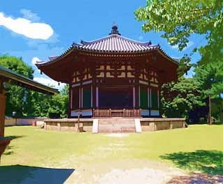 illust, matière, libre, paysage, image, le tableau, crayon de la couleur, colorie, en tirant,Temple Kofuku-ji bâtiment hexagonal nord temple Togane, Bouddhisme, bâtiment en bois, toit, patrimoine de l'humanité