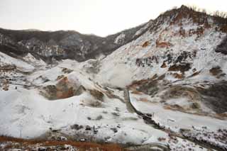 photo, la matière, libre, aménage, décrivez, photo de la réserve,Noboribetsu Onsen vallée d'enfer, source chaude, Soufre, Chaleur terrestre, volcan