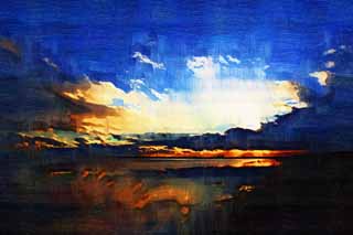 illust, matière, libre, paysage, image, le tableau, crayon de la couleur, colorie, en tirant,Le coucher de soleil du Lake Uto Ney, Terre humide, Glace, Geler, ciel bleu