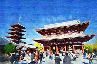 illust, matière, libre, paysage, image, le tableau, crayon de la couleur, colorie, en tirant,Temple Senso-ji Hozo-mon porte, visiter des sites pittoresques tache, Temple Senso-ji, Asakusa, lanterne