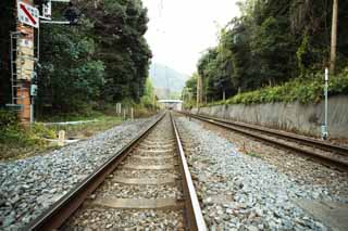 photo, la matière, libre, aménage, décrivez, photo de la réserve,Une piste du JR Sagano ligne, voie ferrée, cravate ferroviaire, Gravier, voyage