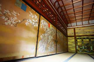 photo, la matière, libre, aménage, décrivez, photo de la réserve,Devant de la jambe-repaire de temple Ninna-ji, Feuille de l'or, Pièce du Japonais-style, Tableau traditionnel japonais, Gorgeousness