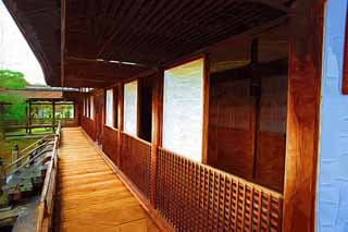 illust, matière, libre, paysage, image, le tableau, crayon de la couleur, colorie, en tirant,Devant de la jambe-repaire de temple Ninna-ji, shoji, bâtiment en bois, Sous l'avant-toit, couloir