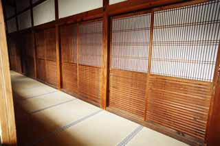 photo, la matière, libre, aménage, décrivez, photo de la réserve,Devant de la jambe-repaire de temple Ninna-ji, shoji, bâtiment en bois, Sous l'avant-toit, les tatami nattent