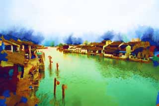 illust, matière, libre, paysage, image, le tableau, crayon de la couleur, colorie, en tirant,Canal Zhujiajiao, mur blanc, canal, Je suis peint en rouge, carreau