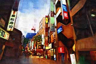 illust, matière, libre, paysage, image, le tableau, crayon de la couleur, colorie, en tirant,D'après Shinjuku, restaurant, enseigne, chaussée de pierre, Illuminations