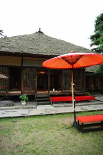 photo, la matière, libre, aménage, décrivez, photo de la réserve,Oyaku-en Jardin qui pose le palais de baraque, additionnez le parapluie, Bâtiment du Japonais-style, pièce de la thé-cérémonie, poste du reste