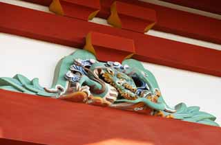 photo, la matière, libre, aménage, décrivez, photo de la réserve,Hachiman-gu dragon de Temple, dragon, , Je suis peint en rouge, sculpté au-dessus le panneau en bois porte glissante en papier