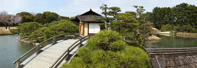 photo, la matière, libre, aménage, décrivez, photo de la réserve,Île Korakuen qui pose la baraque, reposant baraque, pont, pièce de la thé-cérémonie, Japonais jardine