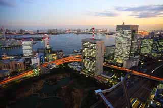 Foto, materieel, vrij, landschap, schilderstuk, bevoorraden foto,Tokio avond uitzicht, Gebouw, De benedenstad wijk, Een oude zode imperiale landhuis koninklijke schenking tuin, Odaiba