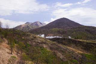 Foto, materieel, vrij, landschap, schilderstuk, bevoorraden foto,De buurt van Mt. Usu-zan krater, Plotselinge huiduitslag, Rook, Gevallene boom, Magma