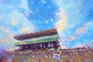 Illust, materieel, vrij, landschap, schilderstuk, schilderstuk, kleuren potlood, crayon, werkje,De lucht van Suzuka Circuit, Belangrijkste stadium, Blauwe lucht, Zitplaats, 