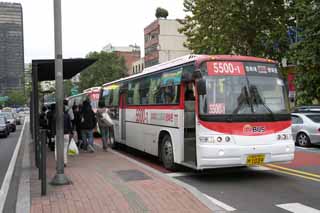 Foto, materieel, vrij, landschap, schilderstuk, bevoorraden foto,Een tracé autobus van Seoel, Autobus, Inzittende, Stop, Vertrek