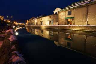 Foto, materieel, vrij, landschap, schilderstuk, bevoorraden foto,Otaru Canal, Kanaal, Magazijn, Straatlantaarn, Sneeuw dek