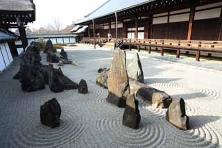 Foto, materieel, vrij, landschap, schilderstuk, bevoorraden foto,Tofuku-ji Tempel opperhoofd preutsste voortuin van de Hal voor de toestand plechtigheden, Chaitya, Rots, Chinees-trant poort, Droogmaak landschap Japanse tuin tuinieren