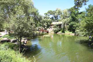 fotografia, materiale, libero il panorama, dipinga, fotografia di scorta,Un cottage di montagna che passa l'estate, ponte, cielo blu, giardino, Ch'ing