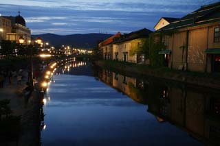 fotografia, materiale, libero il panorama, dipinga, fotografia di scorta,Otaru provvedere di canale* panorama di sera, canale, lampione, La superficie dell'acqua, negozio all'ingrosso di mattone