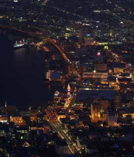 fotografia, materiale, libero il panorama, dipinga, fotografia di scorta,Una prospettiva serale di Mt. Hakodate-yama, Luminarie, Un osservatorio, luce di città, la città di porto