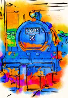 illust, materiale, libero panorama, ritratto dipinto, matita di colore disegna a pastello, disegnando,Una locomotiva di vapore, vaporizzi locomotiva, treno, ruota che guida, Carbone