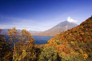 fotografia, material, livra, ajardine, imagine, proveja fotografia,Lago de luz solar Chuzenji-ko e Mt. figura masculina, lago, Bordo, céu azul, montanha