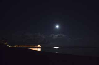 fotografia, material, livra, ajardine, imagine, proveja fotografia,Uma noite enluarada de Ilha de Ishigaki-jima, barcaça, isqueiro, A lua, O mar