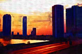 illust, material, livram, paisagem, quadro, pintura, lápis de cor, creiom, puxando,Crepúsculo de Chao Phraya , apartamento de edifício alto, construindo, O céu, O Menam