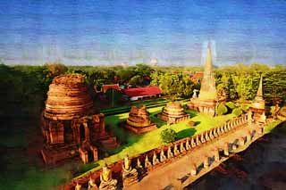 illust, material, livram, paisagem, quadro, pintura, lápis de cor, creiom, puxando,Restos de Ayutthaya, Os ruínas, templo, pagode, Ayutthaya permanece