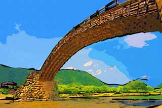 illust, material, livram, paisagem, quadro, pintura, lápis de cor, creiom, puxando,Kintai-kyo atravessam, Kintai-kyo atravessam, lugar notado, visitando lugares turísticos mancha, ponte