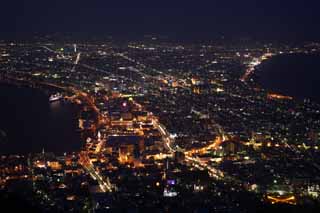 fotografia, material, livra, ajardine, imagine, proveja fotografia,Uma visão noturna de Mt. Hakodate-yama, Iluminações, Um observatório, luz de cidade, a cidade de porto