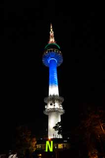 fotografia, material, livra, ajardine, imagine, proveja fotografia,N Seul torre, Uma torre de onda elétrica, N Seul torre, visão noturna, Azul