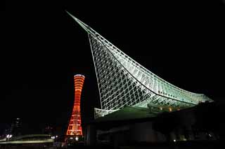 fotografia, material, livra, ajardine, imagine, proveja fotografia,Noite do porto de Kobe, Kobe oceano museu, a torre de porto, barco de prazer, atração turística