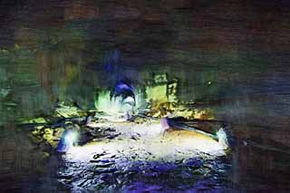 illust, material, livram, paisagem, quadro, pintura, lápis de cor, creiom, puxando,Uma superabundância de caverna de vigor, Manjang gul Caverna, Geomunoreum lava tubo sistema, ilha vulcânica, porão