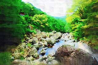 illust, material, livram, paisagem, quadro, pintura, lápis de cor, creiom, puxando,O rio da cachoeira de Fukuroda, pedra enorme, Takikawa, Rio de Kuji, fluxo