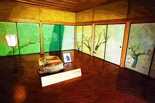 illust, material, livram, paisagem, quadro, pintura, lápis de cor, creiom, puxando,Kairaku-en Garden pavilhão de Yoshifumi, fusuma imaginam, O píneo do roupão de um anjo, quadro, 