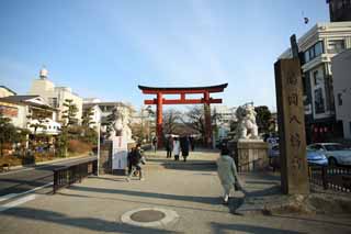 fotografia, material, livra, ajardine, imagine, proveja fotografia,Hachiman-gu Santuário aproximação para um santuário, torii, par de pedra cachorros guardiões, Uma aproximação para um santuário, lanterna