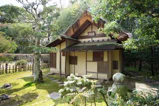 fotografia, material, livra, ajardine, imagine, proveja fotografia,Koraku-en Garden que santuário de chá dedicou ao fundador de uma seita religiosa, quarto de chá-cerimônia, Cerimônia de chá, Rikyu Senno, Japonês cultiva