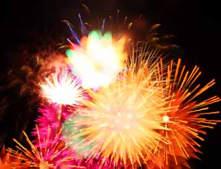 Foto, materiell, befreit, Landschaft, Bild, hat Foto auf Lager,Tama-Fluss Feuerwerk Demonstration, Das Starten von Feuerwerk, natürliche Szene oder Gegenstand, der poetischen Charme der Jahreszeit des Sommers hinzufügt, Signalfeuer, Helligkeit