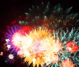 Foto, materiell, befreit, Landschaft, Bild, hat Foto auf Lager,Tama-Fluss Feuerwerk Demonstration, Das Starten von Feuerwerk, natürliche Szene oder Gegenstand, der poetischen Charme der Jahreszeit des Sommers hinzufügt, Signalfeuer, Helligkeit